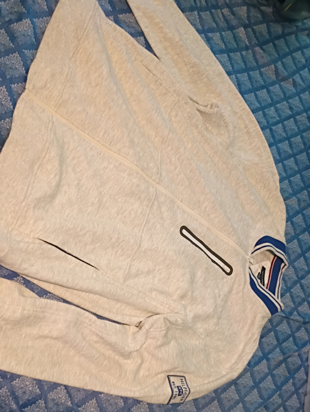 Tommy Hilfiger Light Gray Zip-Up Sweater with Blue-Trim Collar